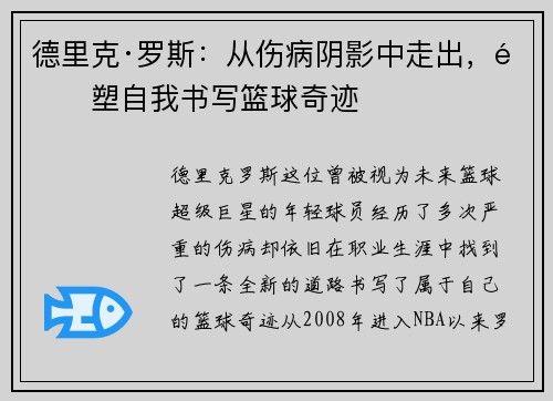 德里克·罗斯:从伤病阴影中走出,重塑自我书写篮球奇迹 德里克·罗斯:从伤病阴影中走出,重塑自我书写篮球奇迹
