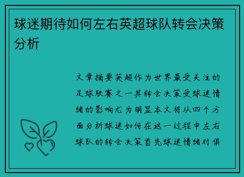 球迷期待如何左右英超球队转会决策分析 球迷期待如何左右英超球队转会决策分析