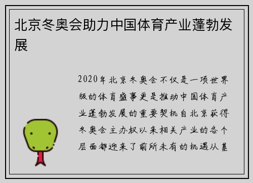 北京冬奥会助力中国体育产业蓬勃发展